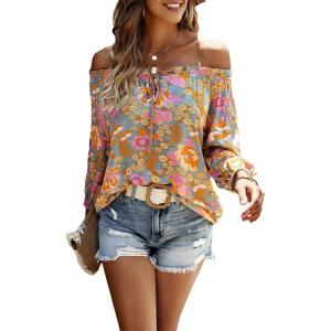 imageMakeMeChic Womens Off The Shoulder Tops Lantern Sleeve Ruched Tie Front Floral Boho Top BlouseMulticolor
