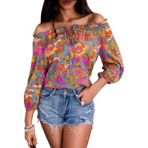 imageMakeMeChic Womens Off The Shoulder Tops Lantern Sleeve Ruched Tie Front Floral Boho Top BlouseOrange