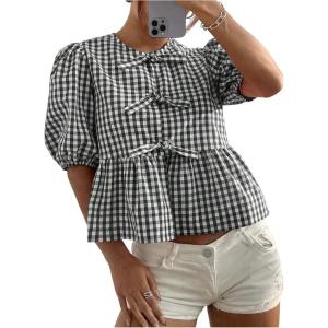 imageMakeMeChic Womens Plaid Gingham Bow Blouse Puff Sleeve Crew Neck Ruffle Hem Blouses TopBlack and White