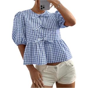 imageMakeMeChic Womens Plaid Gingham Bow Blouse Puff Sleeve Crew Neck Ruffle Hem Blouses TopBlue and White