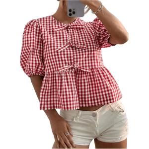imageMakeMeChic Womens Plaid Gingham Bow Blouse Puff Sleeve Crew Neck Ruffle Hem Blouses TopRed and White