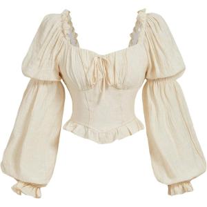 imageMakeMeChic Womens Renaissance Peasant Corset Tops Puff Long Sleeve Ruched Bust Ruffled Peplum Sweetheart BlouseBeige
