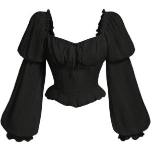 imageMakeMeChic Womens Renaissance Peasant Corset Tops Puff Long Sleeve Ruched Bust Ruffled Peplum Sweetheart BlouseBlack