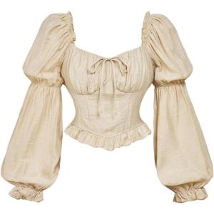 imageMakeMeChic Womens Renaissance Peasant Corset Tops Puff Long Sleeve Ruched Bust Ruffled Peplum Sweetheart BlouseKhaki