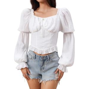 imageMakeMeChic Womens Renaissance Peasant Corset Tops Puff Long Sleeve Ruched Bust Ruffled Peplum Sweetheart BlouseWhite