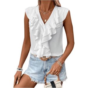 imageMakeMeChic Womens Ruffle Layer Button Down Shirt V Neck Sleeveless BlouseWhite
