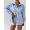 imageMakeMeChic Womens Bow Knot Striped Split Hem Button Down Shirt Long Sleeve Collared Blouse TopsBlue and White