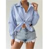 imageMakeMeChic Womens Bow Knot Striped Split Hem Button Down Shirt Long Sleeve Collared Blouse TopsBlue and White