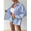 imageMakeMeChic Womens Bow Knot Striped Split Hem Button Down Shirt Long Sleeve Collared Blouse TopsBlue and White