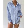 imageMakeMeChic Womens Bow Knot Striped Split Hem Button Down Shirt Long Sleeve Collared Blouse TopsBlue and White