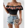 imageMakeMeChic Womens Floral Embroidered Off Shoulder Ruffle Trim Crop Top Blouse ShirtBlack