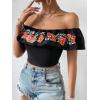 imageMakeMeChic Womens Floral Embroidered Off Shoulder Ruffle Trim Crop Top Blouse ShirtBlack