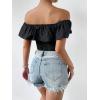 imageMakeMeChic Womens Floral Embroidered Off Shoulder Ruffle Trim Crop Top Blouse ShirtBlack