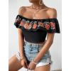 imageMakeMeChic Womens Floral Embroidered Off Shoulder Ruffle Trim Crop Top Blouse ShirtBlack