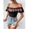 imageMakeMeChic Womens Floral Embroidered Off Shoulder Ruffle Trim Crop Top Blouse ShirtBlack