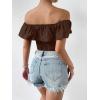 imageMakeMeChic Womens Floral Embroidered Off Shoulder Ruffle Trim Crop Top Blouse ShirtBrown
