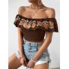imageMakeMeChic Womens Floral Embroidered Off Shoulder Ruffle Trim Crop Top Blouse ShirtBrown