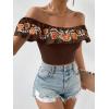 imageMakeMeChic Womens Floral Embroidered Off Shoulder Ruffle Trim Crop Top Blouse ShirtBrown