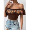 imageMakeMeChic Womens Floral Embroidered Off Shoulder Ruffle Trim Crop Top Blouse ShirtBrown