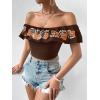 imageMakeMeChic Womens Floral Embroidered Off Shoulder Ruffle Trim Crop Top Blouse ShirtBrown