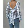 imageMakeMeChic Womens Floral Print Tie Back Square Neck Long Sleeve Blouse Shirt Casual TopsBlue and White
