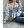 imageMakeMeChic Womens Floral Print Tie Back Square Neck Long Sleeve Blouse Shirt Casual TopsBlue and White