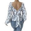 imageMakeMeChic Womens Floral Print Tie Back Square Neck Long Sleeve Blouse Shirt Casual TopsBlue and White