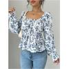 imageMakeMeChic Womens Floral Print Tie Back Square Neck Long Sleeve Blouse Shirt Casual TopsBlue and White