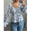 imageMakeMeChic Womens Floral Print Tie Back Square Neck Long Sleeve Blouse Shirt Casual TopsBlue and White