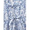 imageMakeMeChic Womens Floral Tie Front Lantern Sleeve Blouse Crew Neck Ruffle Hem Blouses Crop TopBlue and White