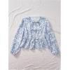 imageMakeMeChic Womens Floral Tie Front Lantern Sleeve Blouse Crew Neck Ruffle Hem Blouses Crop TopBlue and White