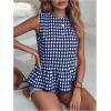 imageMakeMeChic Womens Gingham Tank Tops Plaid Crew Neck Sleeveless Ruffle Hem Summer Casual Blouse ShirtBlue and White