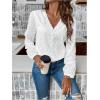 imageMakeMeChic Womens Going Out Tops Eyelet Embroidery Button Down Shirts Long Sleeve V Neck Blouse TopsWhite