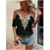 imageMakeMeChic Womens Guipure Lace Short Sleeve Blouse V Neck Cold Shoulder Shirt Summer TopsBlack
