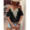 imageMakeMeChic Womens Guipure Lace Short Sleeve Blouse V Neck Cold Shoulder Shirt Summer TopsBlack