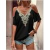 imageMakeMeChic Womens Guipure Lace Short Sleeve Blouse V Neck Cold Shoulder Shirt Summer TopsBlack