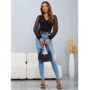 imageMakeMeChic Womens Lace Long Sleeve Tops Sheer Mesh Scallop Trim V Neck Blouse ShirtBlack
