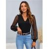 imageMakeMeChic Womens Lace Long Sleeve Tops Sheer Mesh Scallop Trim V Neck Blouse ShirtBlack