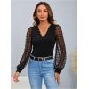 imageMakeMeChic Womens Lace Long Sleeve Tops Sheer Mesh Scallop Trim V Neck Blouse ShirtBlack