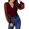 imageMakeMeChic Womens Lace Long Sleeve Tops Sheer Mesh Scallop Trim V Neck Blouse ShirtBurgundy
