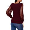 imageMakeMeChic Womens Lace Long Sleeve Tops Sheer Mesh Scallop Trim V Neck Blouse ShirtBurgundy