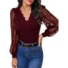 imageMakeMeChic Womens Lace Long Sleeve Tops Sheer Mesh Scallop Trim V Neck Blouse ShirtBurgundy