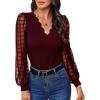 imageMakeMeChic Womens Lace Long Sleeve Tops Sheer Mesh Scallop Trim V Neck Blouse ShirtBurgundy