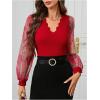 imageMakeMeChic Womens Lace Long Sleeve Tops Sheer Mesh Scallop Trim V Neck Blouse ShirtFred