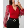 imageMakeMeChic Womens Lace Long Sleeve Tops Sheer Mesh Scallop Trim V Neck Blouse ShirtFred