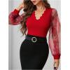 imageMakeMeChic Womens Lace Long Sleeve Tops Sheer Mesh Scallop Trim V Neck Blouse ShirtFred