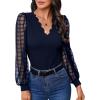imageMakeMeChic Womens Lace Long Sleeve Tops Sheer Mesh Scallop Trim V Neck Blouse ShirtNavy Blue