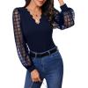 imageMakeMeChic Womens Lace Long Sleeve Tops Sheer Mesh Scallop Trim V Neck Blouse ShirtNavy Blue