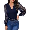 imageMakeMeChic Womens Lace Long Sleeve Tops Sheer Mesh Scallop Trim V Neck Blouse ShirtNavy Blue