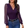 imageMakeMeChic Womens Lace Long Sleeve Tops Sheer Mesh Scallop Trim V Neck Blouse ShirtPurple